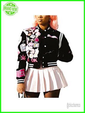 Vintage Cropped Varsity Jacket Women Letterman Patch Striped Hem Casual Coat